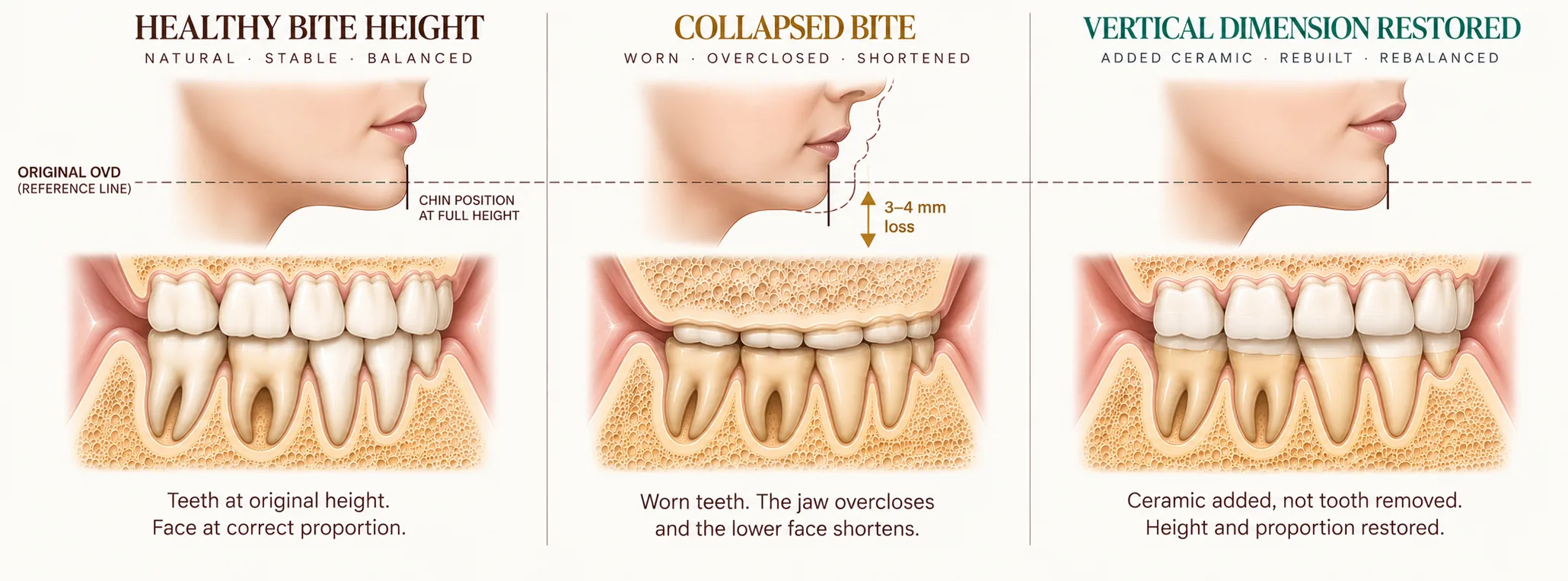 Three-stage cross-section of bite collapse and its effect on the lower face, measured against a dashed line marking the original vertical dimension. Stage one: teeth at full height with the chin meeting the reference line. Stage two: the teeth worn down, the arches closed together, the jaw overclosed and the chin sitting three to four millimetres above the line, with a ghost profile showing the original face position. Stage three: ceramic added on top of the worn teeth, the junction visible low on each tooth so the original stump is unchanged, and the face returned to its correct proportion. Smile Spot Dentistry, Venice FL.
