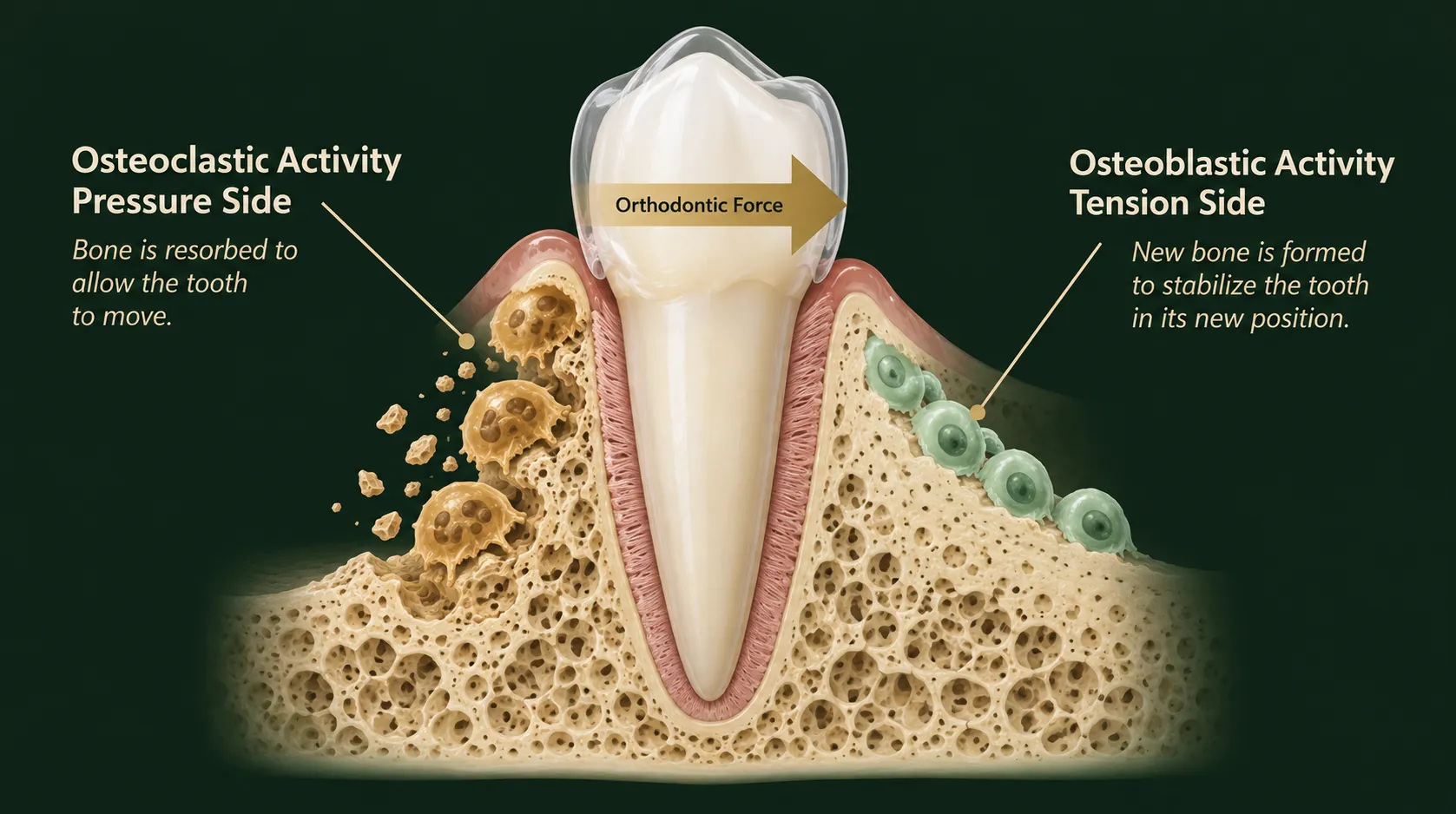 How Invisalign moves teeth: controlled force on the tooth triggers alveolar bone remodeling — osteoclasts resorb bone on the pressure side while osteoblasts deposit new bone on the tension side — Smile Spot Dentistry, Venice FL