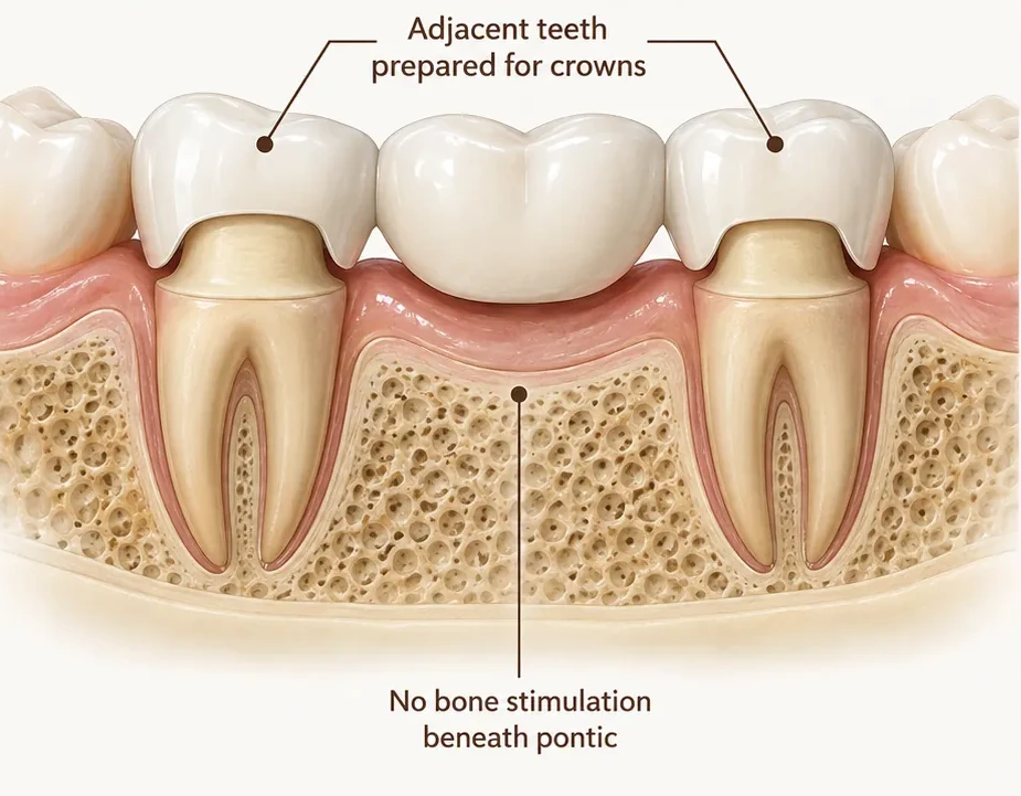 Dental bridge anatomy — adjacent teeth prepared for crowns, pontic replacing the missing tooth, no bone stimulation beneath the pontic — Smile Spot Dentistry, Venice FL