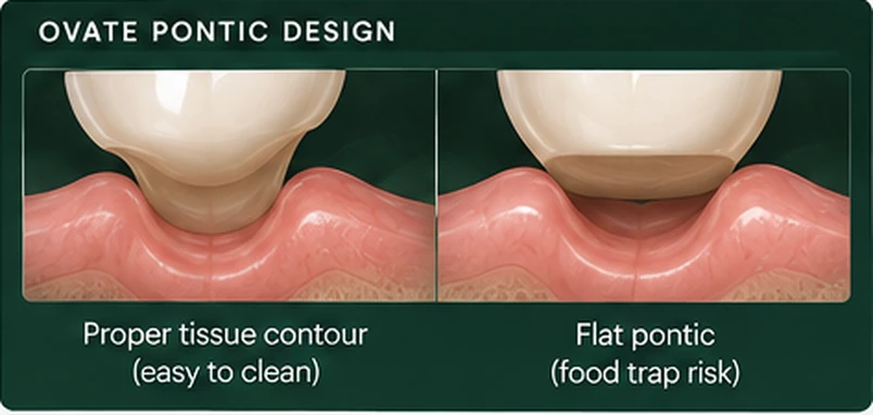 Ovate pontic with proper tissue contour compared with a flat pontic that can trap food — dental bridge, Smile Spot Dentistry, Venice FL