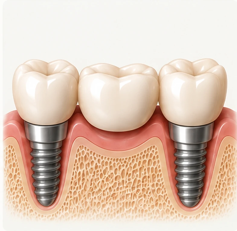 Implant-supported bridge — two titanium implant posts in bone anchoring a fixed span, no natural teeth involved — Smile Spot Dentistry, Venice FL