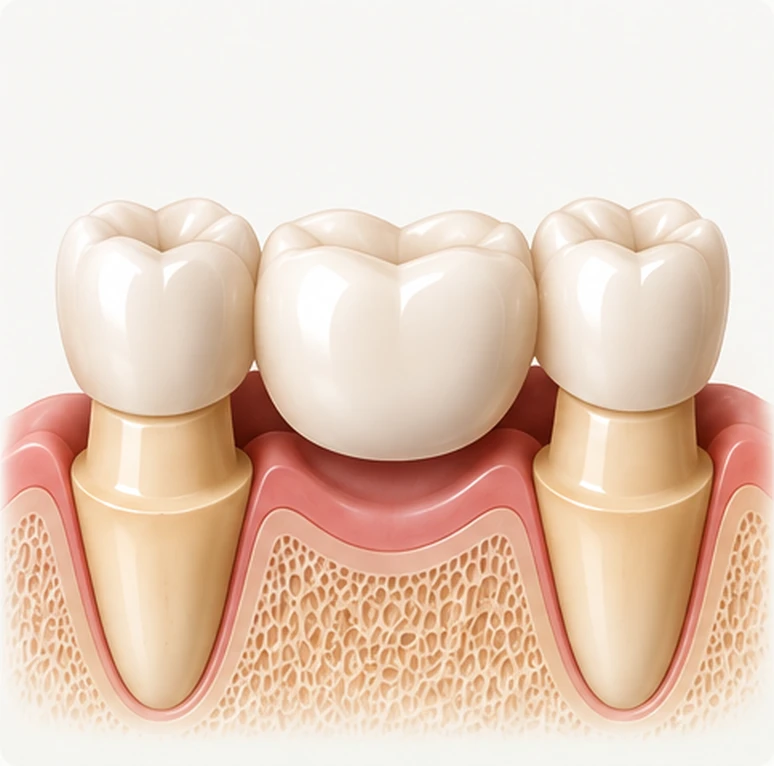 Traditional three-unit fixed bridge — two prepared abutment teeth with crowns supporting a pontic between them — Smile Spot Dentistry, Venice FL