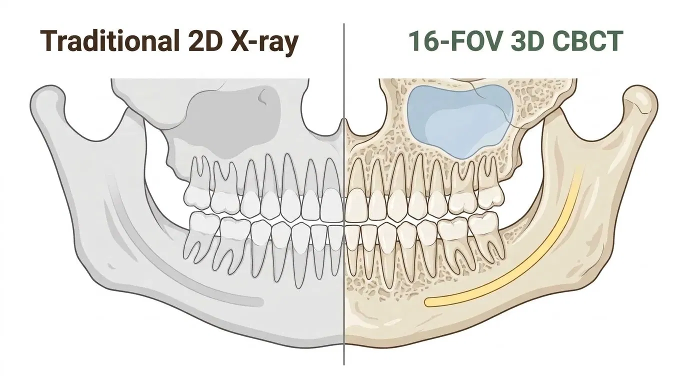 Traditional 2D X-ray compared with 16-FOV 3D CBCT showing nerve canal and sinus cavity — Smile Spot Dentistry, Venice, FL