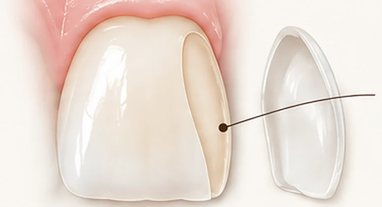Illustration: a thin custom porcelain veneer bonded to the reshaped front surface of the tooth