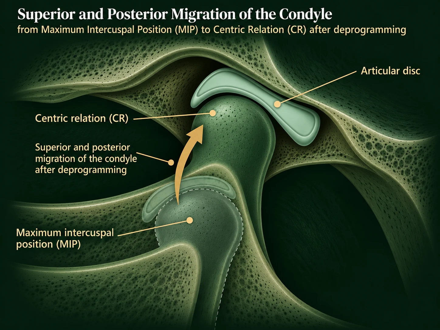 Sagittal jaw joint diagram showing superior and posterior migration of the condyle from maximum intercuspal position to centric relation after deprogramming
