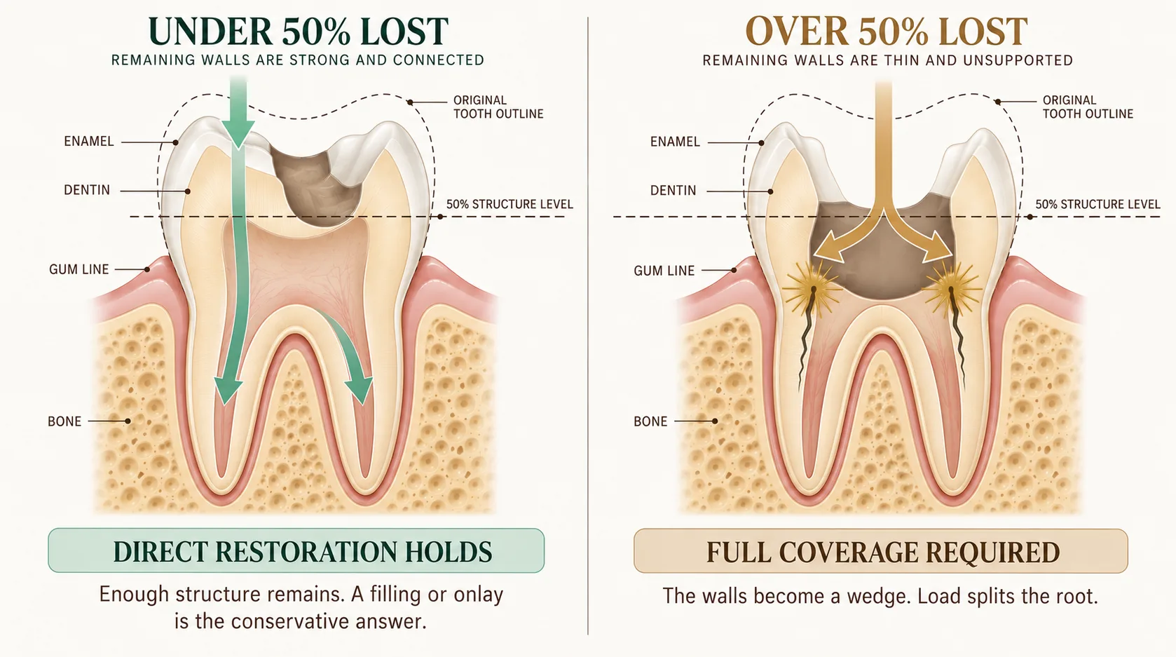 Clinical diagram showing the 50% structural threshold — less than 50% tooth structure lost indicates inlay or onlay, more than 50% indicates a full ceramic crown. Dr. Meenachi Sellappan DDS, Kois Center Graduate, Smile Spot Dentistry, Venice FL.