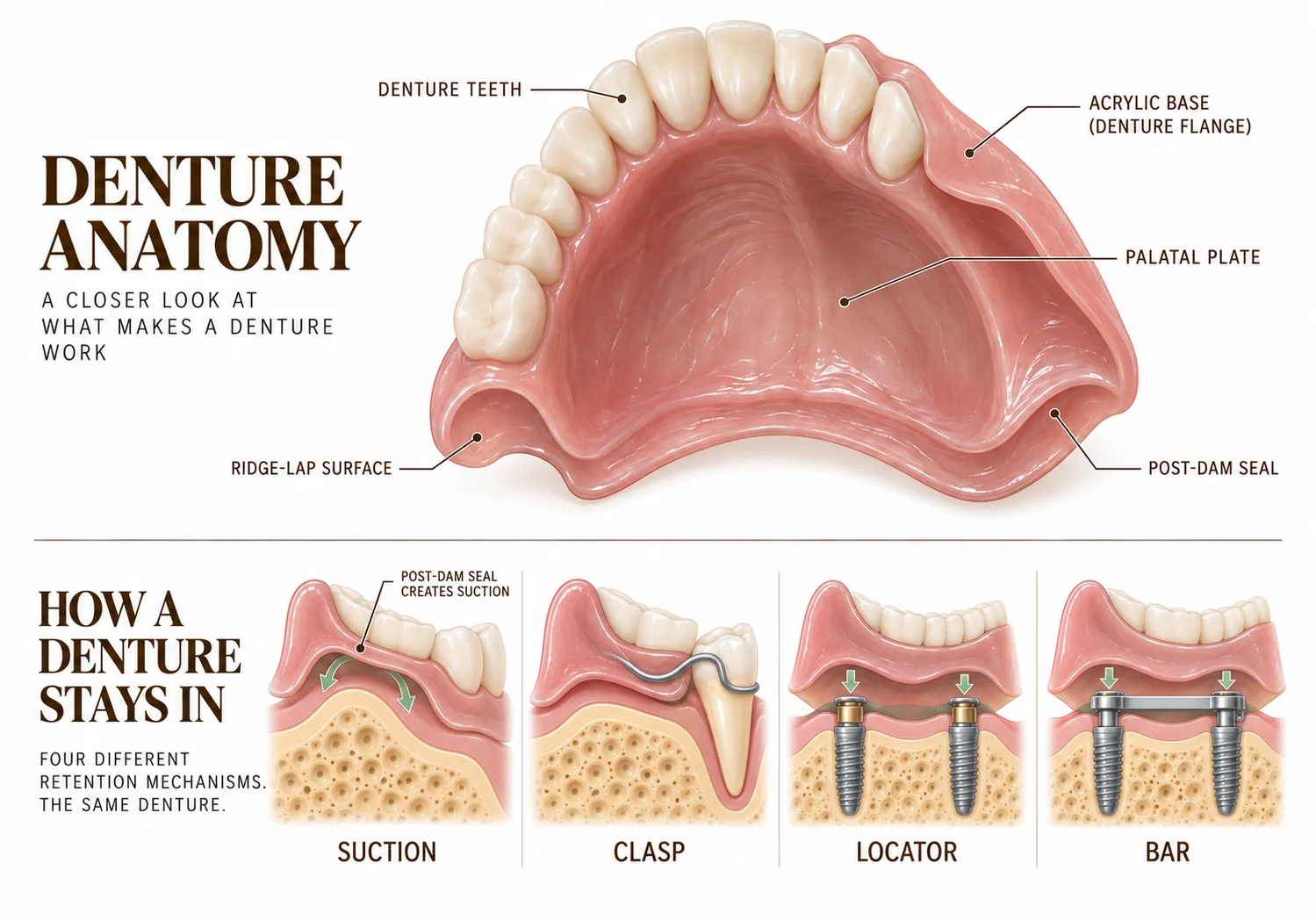 Denture anatomy diagram — an upper complete denture with its components labelled: denture teeth, acrylic base and flange, palatal plate, ridge-lap surface and post-dam seal. Below, four cross-sections show how the same denture is retained: by suction against the ridge, by a clasp on a remaining natural tooth, by locator attachments on two implants, and by a bar joining the implants. Smile Spot Dentistry, Venice FL.