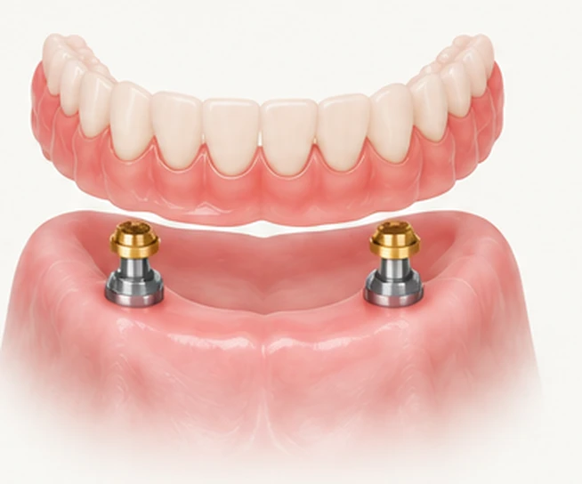 Implant-retained overdenture above two locator attachments on dental implants — Smile Spot Dentistry, Venice FL