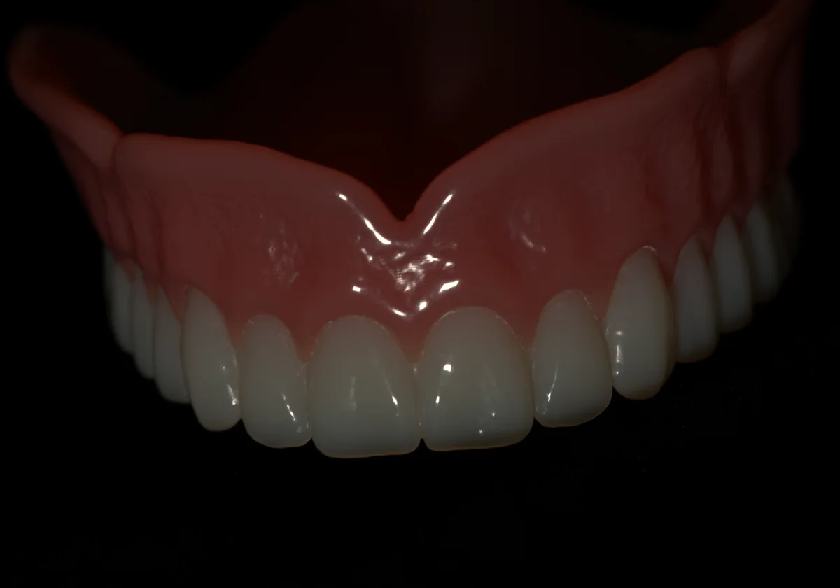 Premium denture teeth held to a single light source showing light transmission through the translucent incisal edge — replicating the natural glow of healthy tooth enamel. Smile Spot Dentistry Venice FL.
