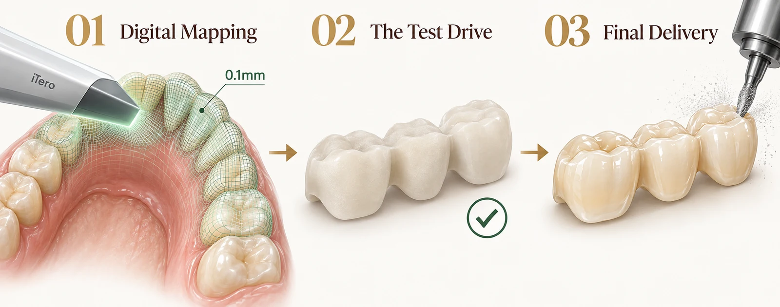 Digital bridge workflow at Smile Spot Dentistry, Venice FL — iTero intraoral scan capturing the arch to 0.1mm, a resin prototype bridge approved by the patient, then the same bridge milled in final ceramic