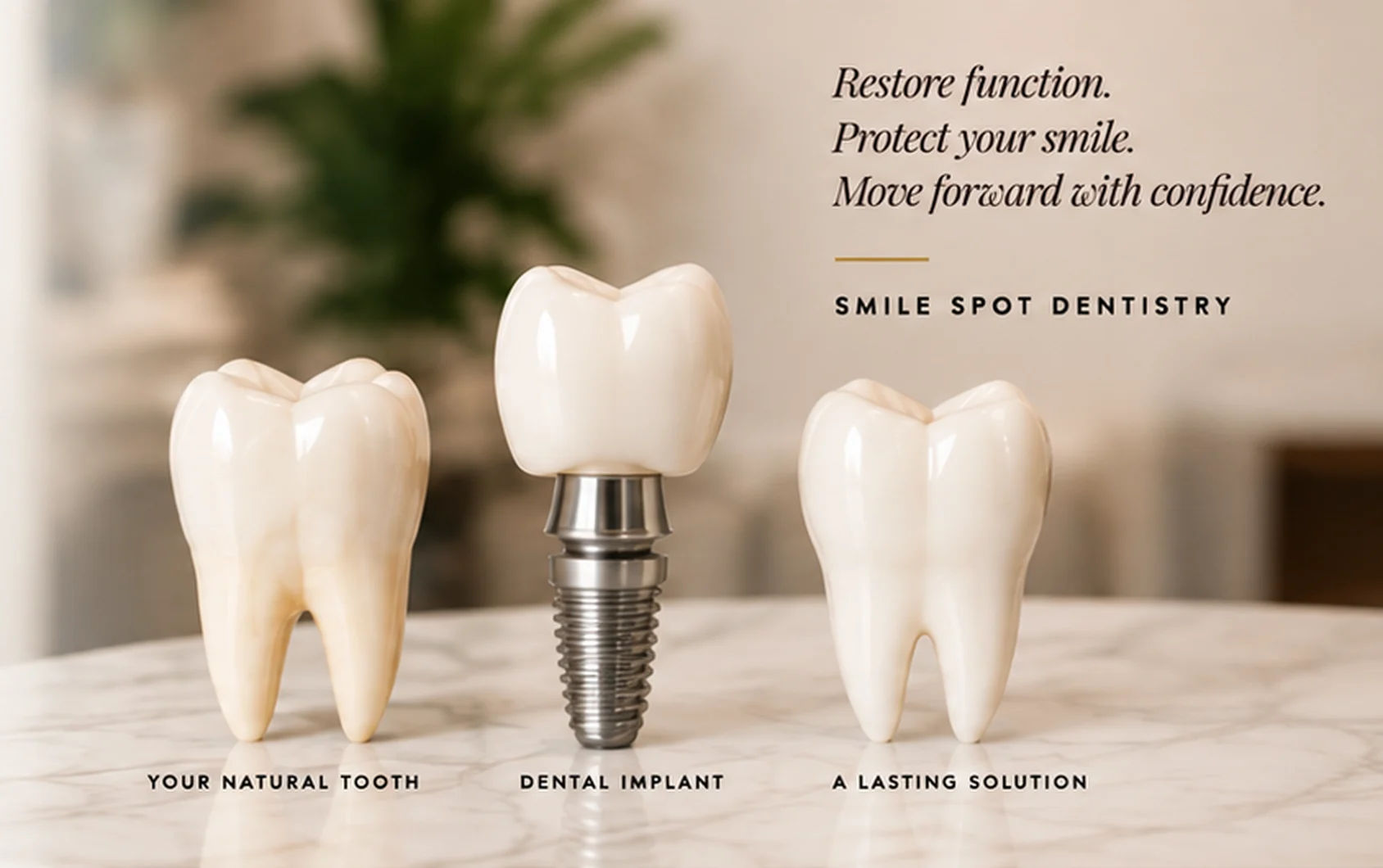 Models of a natural tooth, a dental implant and an implant-supported crown — a lasting solution when a tooth cannot be saved