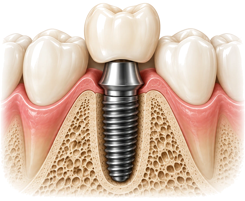 Anatomical cross-section of a dental implant showing porcelain crown, implant abutment, osseointegration interface, and titanium post fused with jawbone — Smile Spot Dentistry Venice Florida