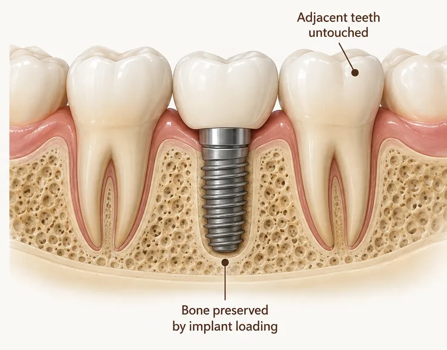 Dental implant anatomy — titanium post in the jawbone, implant crown replacing the missing tooth, adjacent teeth untouched — Smile Spot Dentistry, Venice FL