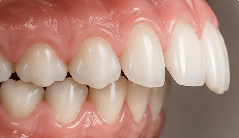Example of upper front teeth extending over the lower teeth — a concern Invisalign can treat