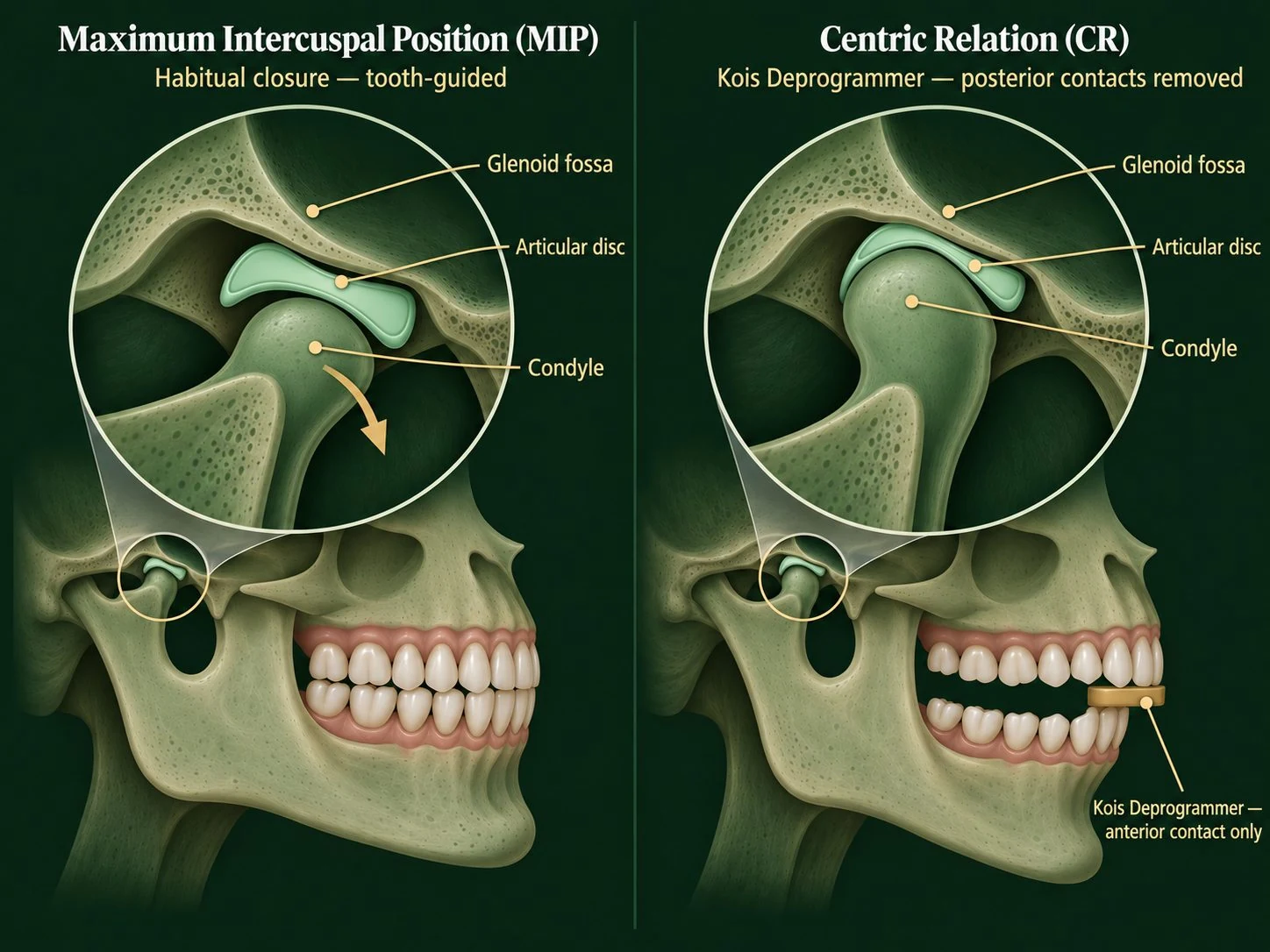 Jaw joint diagram comparing maximum intercuspal position with centric relation, showing the Kois Deprogrammer separating the posterior teeth