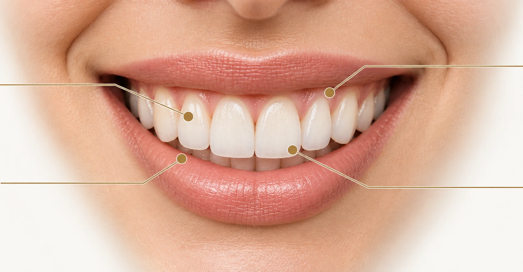 A smile with four points marked — shade, gumline, alignment and tooth shape — Smile Spot Dentistry, Venice, FL