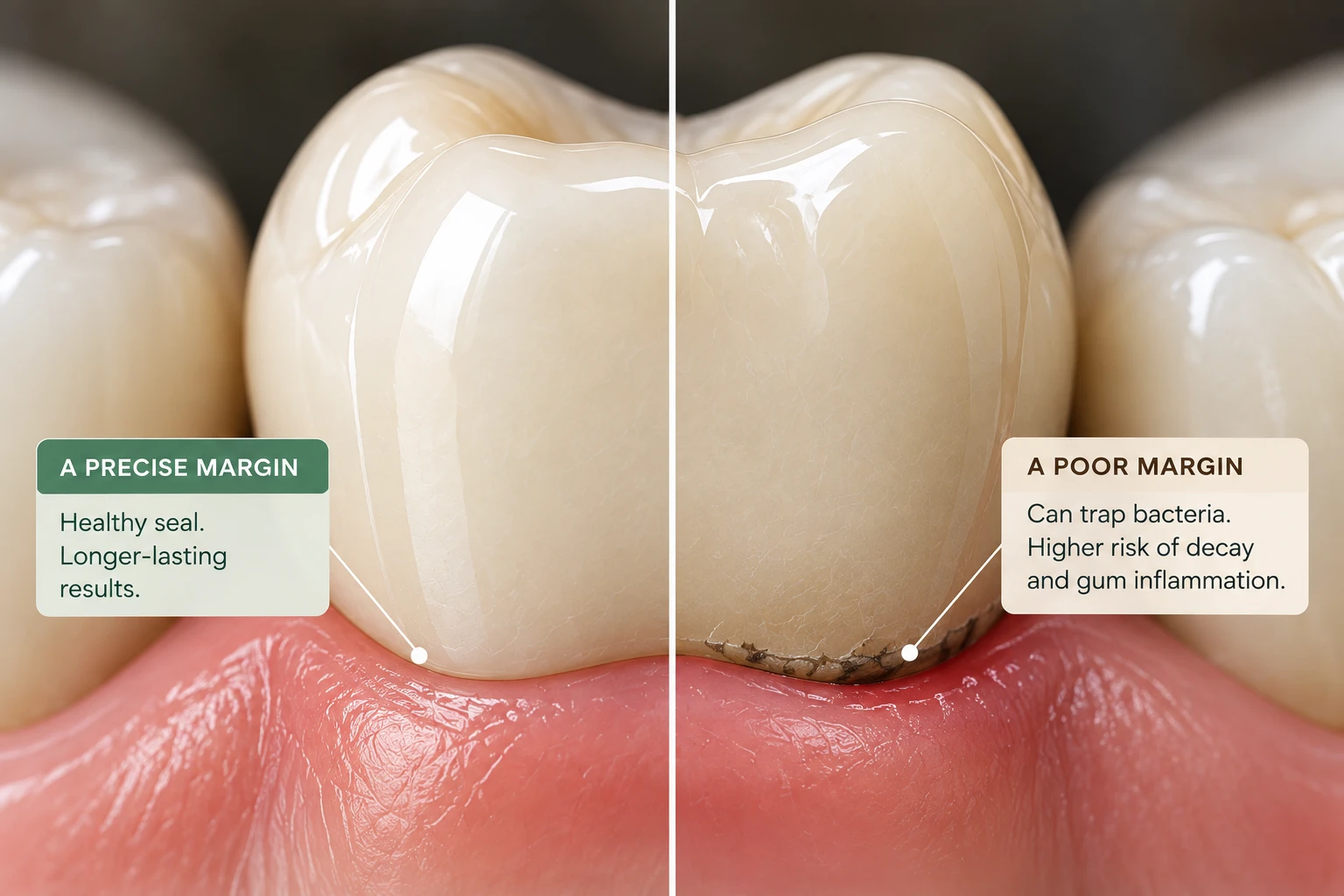 Side-by-side comparison of a precise crown margin and a poor crown margin at the gumline — Smile Spot Dentistry, Venice FL
