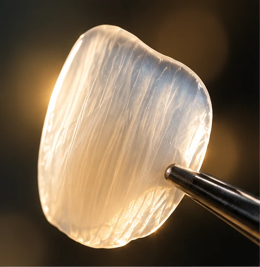 Macro of an IPS E.max veneer showing enamel-like translucency and internal depth — Smile Spot Dentistry, Venice, FL