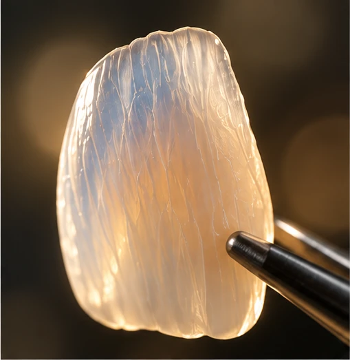 Feldspathic porcelain veneer showing hand-layered characterization and surface texture — Smile Spot Dentistry, Venice, FL