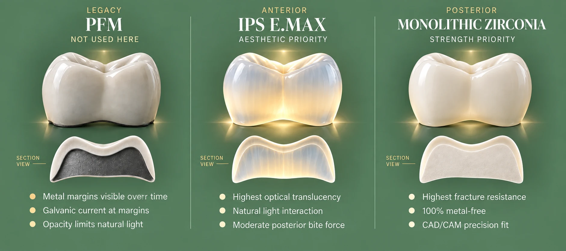 Three ceramic materials compared for light transmission — porcelain fused to metal, shown opaque with a dark metal core and a visible dark margin at the gumline; IPS E.max lithium disilicate, glassy and light-transmitting for anterior aesthetics; and monolithic zirconia, dense and metal-free for posterior strength, each with a cross-section showing its internal structure — Smile Spot Dentistry, Venice FL