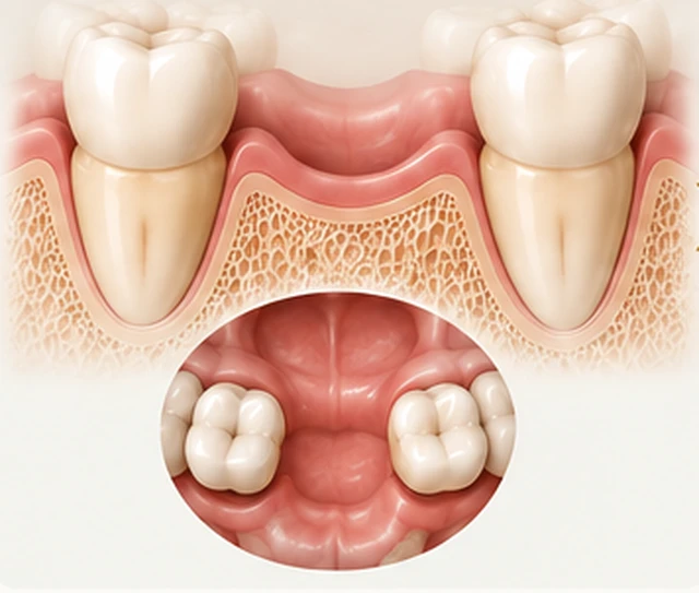 Gap where a lower molar is missing, bone beginning to remodel — pathological migration after tooth loss, Smile Spot Dentistry, Venice FL