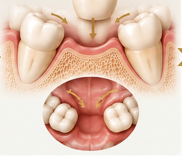 Neighbouring teeth tilting toward the gap, opposing tooth over-erupting — pathological migration after tooth loss, Smile Spot Dentistry, Venice FL