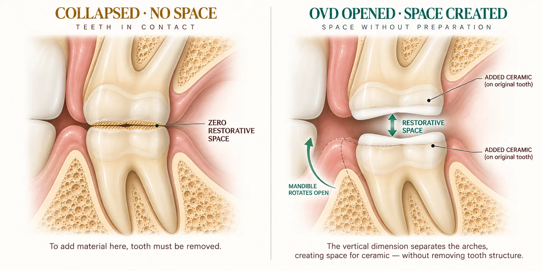 Two cross-sections of the same opposing pair of worn teeth. On the left they meet in hard contact with a hatched marker showing there is no restorative space between them, so material could only be added by removing tooth. On the right the mandible has rotated open, separating the identical unprepared teeth and creating a measured gap labelled restorative space, with ceramic added on top of each original tooth to fill it. Smile Spot Dentistry, Venice FL.