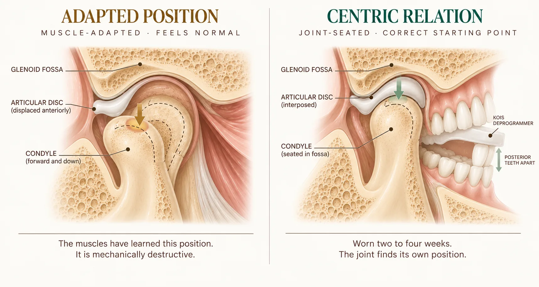 Two sagittal cross-sections of the jaw joint. On the left, the adapted position: the condyle sits forward and down out of the glenoid fossa with the articular disc displaced anteriorly ahead of it, and a compression marker where bone bears on bone. On the right, centric relation: the condyle seated up in the fossa with the disc correctly interposed, and the Kois Deprogrammer in place — the lower incisors contacting its anterior platform while the posterior teeth are held apart. Smile Spot Dentistry, Venice FL.
