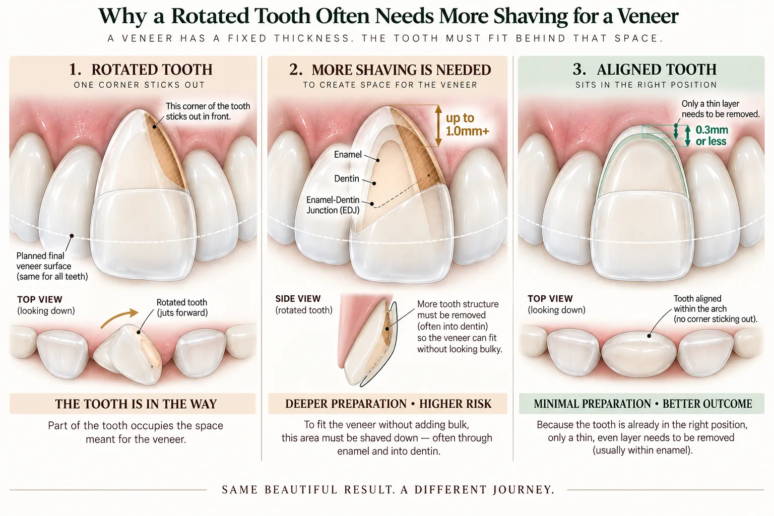 Three-panel diagram of why a rotated tooth needs more preparation for a veneer, measured against a planned final veneer surface drawn across all three panels. Panel one: the rotated tooth with one corner sticking out in front, occupying the space the veneer needs, with a top view showing it jutting forward of the arch. Panel two: that corner shaved away, the preparation cutting through enamel and past the enamel-dentin junction into dentin, up to a millimeter or more, with a side view of the same reduction. Panel three: the tooth aligned into the arch first, so only a thin even layer of enamel is removed, 0.3mm or less, with a top view showing no corner sticking out. Smile Spot Dentistry, Venice FL.